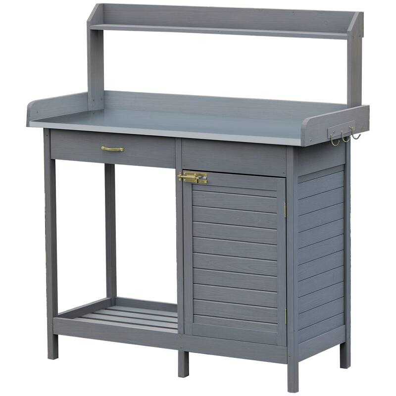 Outsunny Potting Bench Table with Storage Cabinet and Open Shelf, Garden Planting Workstation with Steel Tabletop