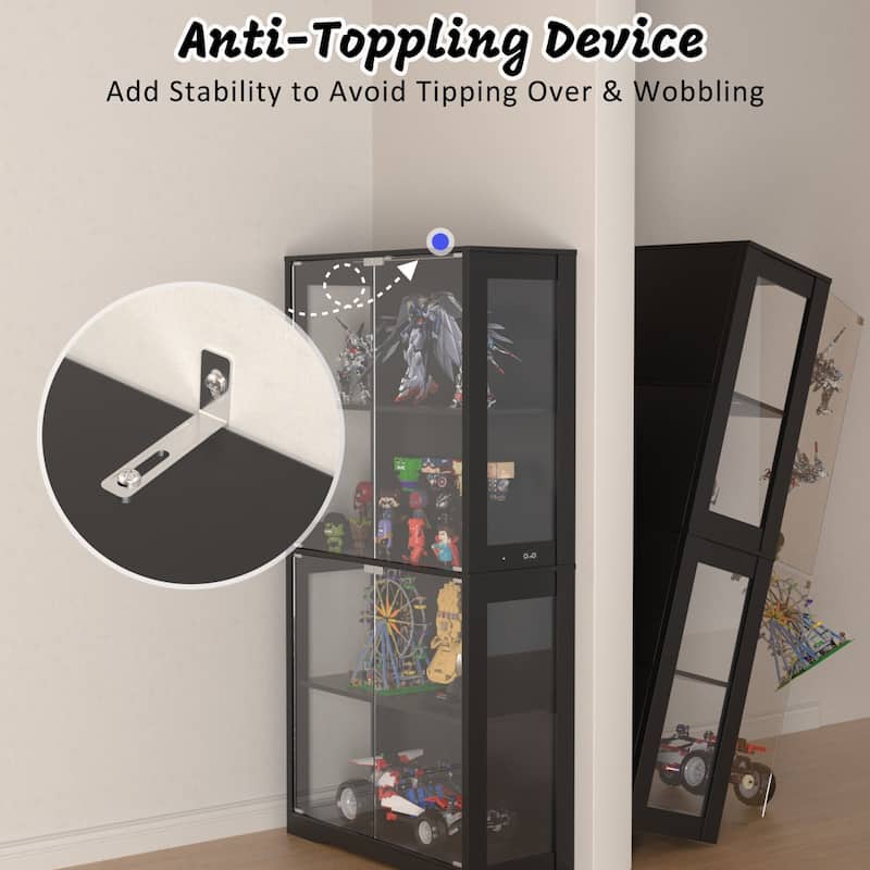VEIKOUS 68.9" Tall Glass Display Cabinet with Built-in LED Lights & Motion Sensor for Lego, Collectibles, Figures