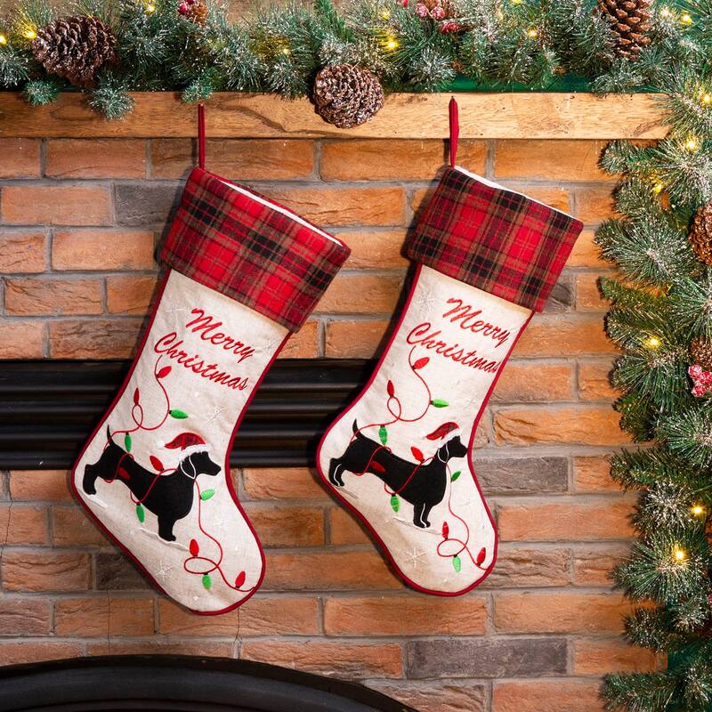 Glitzhome 21"L Dachshund Fabric Plaid Merry Christmas Stocking