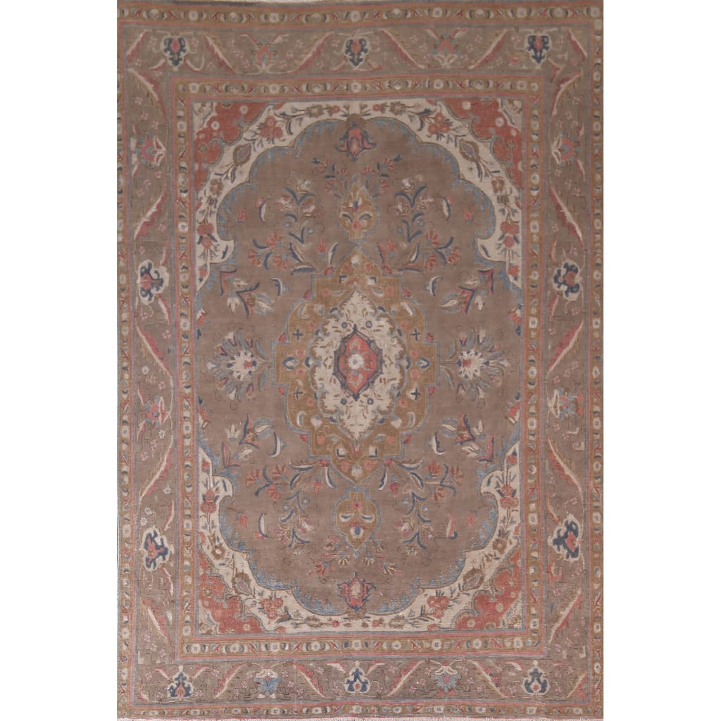 Floral Tabriz Persian Vintage Area Rug Handmade Brown Wool Carpet - 8'0"x 11'2"