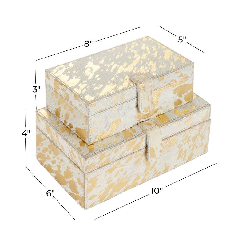 Gray, Silver or Gold Leather Handmade Cowhide Storage Box with Silver Foil Accents (Set of 2)