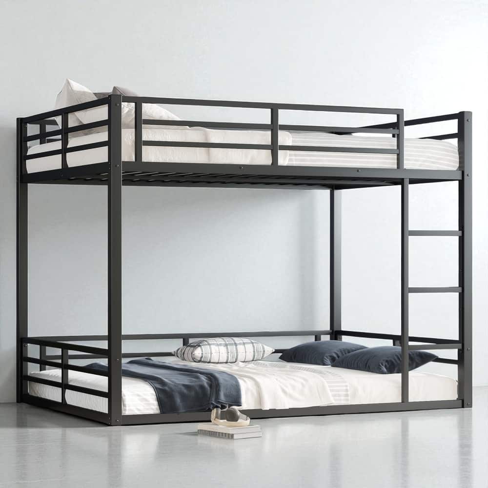 Metal Bunk Bed Twin XL/Full XL/Queen Over Queen, Heavy-Duty Low Bunk Frame with Guardrails and Quiet Design