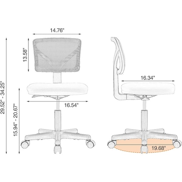 dimension image slide 5 of 6, Office Computer Desk Chair with Wheels, Ergonomic Low-Back Mesh Rolling Work Swivel Chairs, Armless Comfortable Lumbar Support
