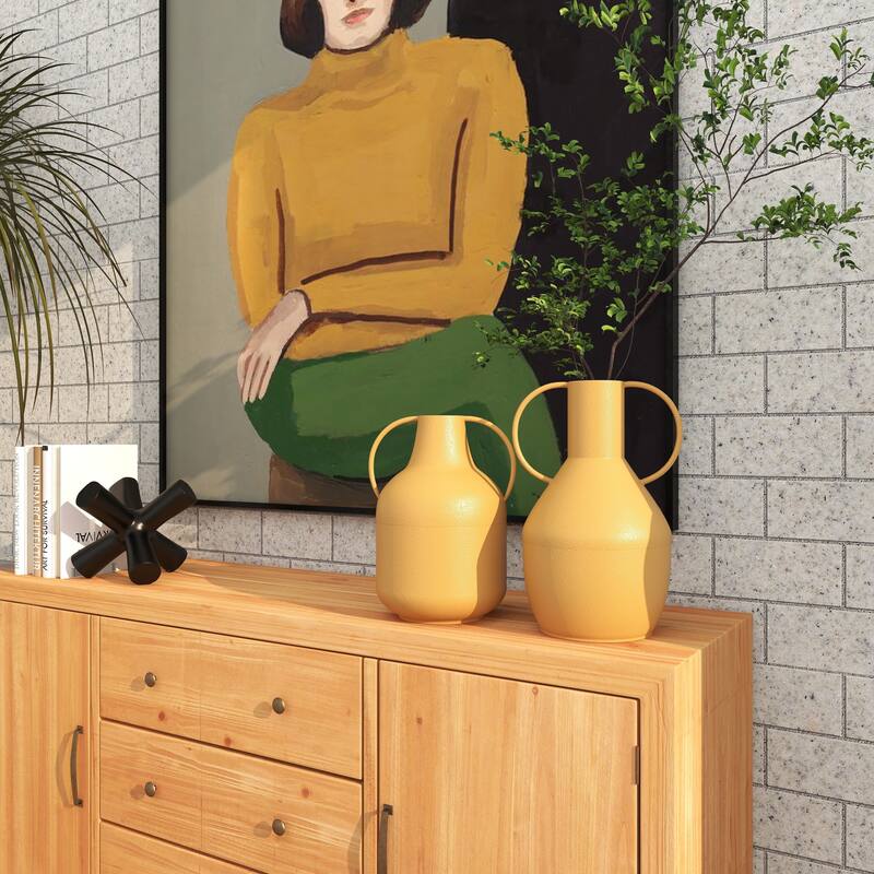 Yellow Metal Decorative Vase with Handles (Set of 2)