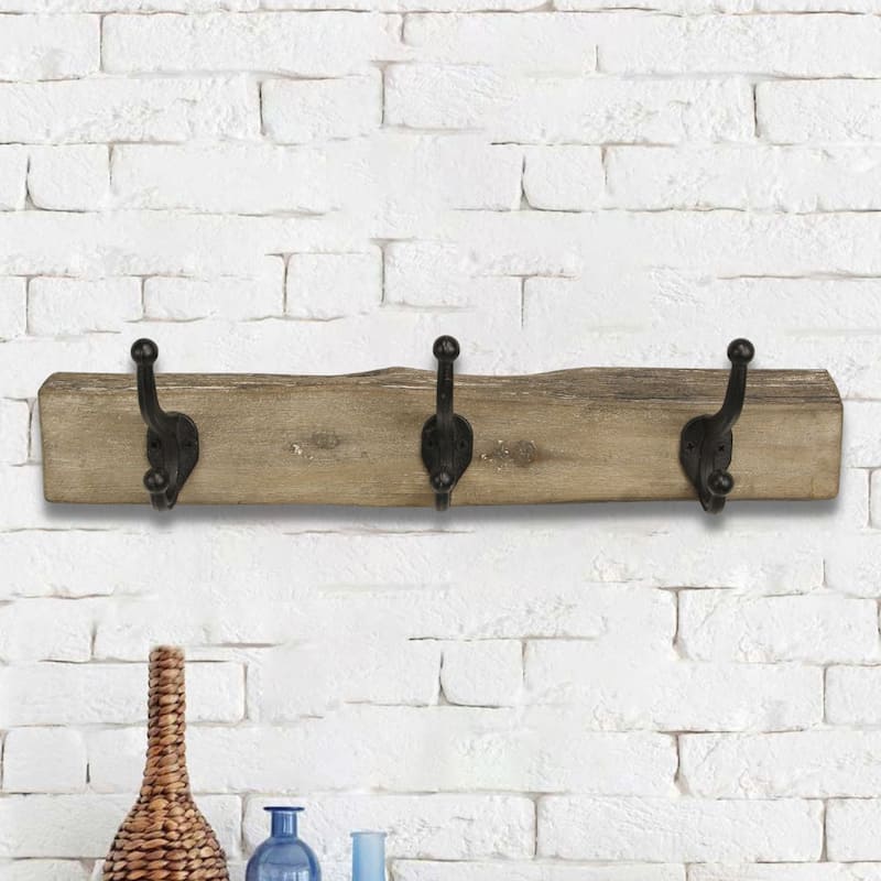 Brown Wood Rustic Plank with 3 Wall Hooks