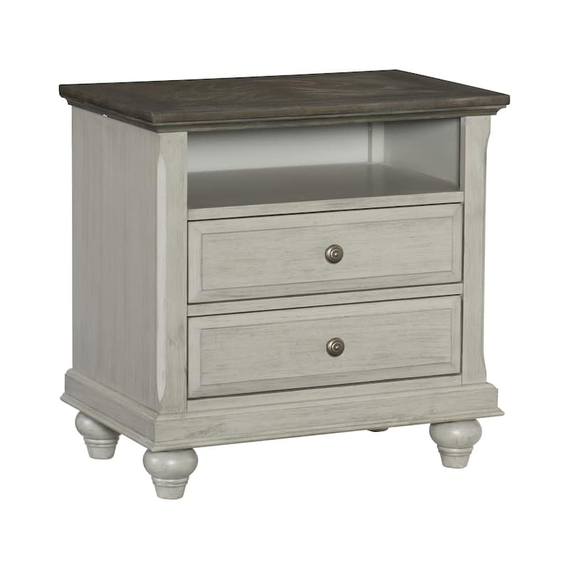 Modern Farmhouse Nightstand, Bedside Decorative Bed with Open Storage, Sofa Side Table with Drawers and Round Legs - Brown+Light Gray