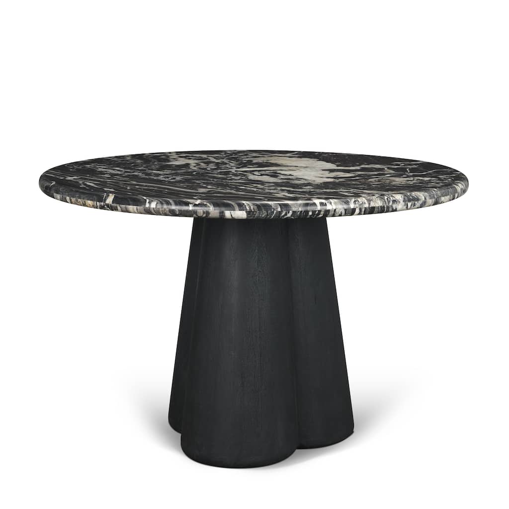 Marilyn Black Forest Marble Black Wood Pedestal Round Dining Table - 48.0L x 48.0W x 30.0H