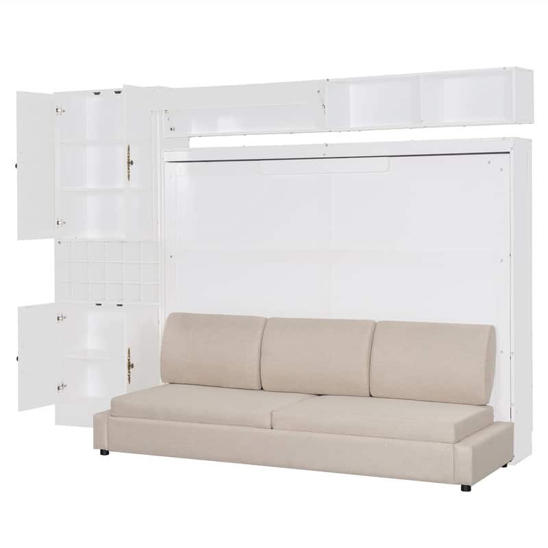 Full/Queen Size Murphy Bed Wall Bed with Sofa, Light and USB Charging, Foldable Murphy Cabinet Bed w/ Storage Shelves & Cabinets