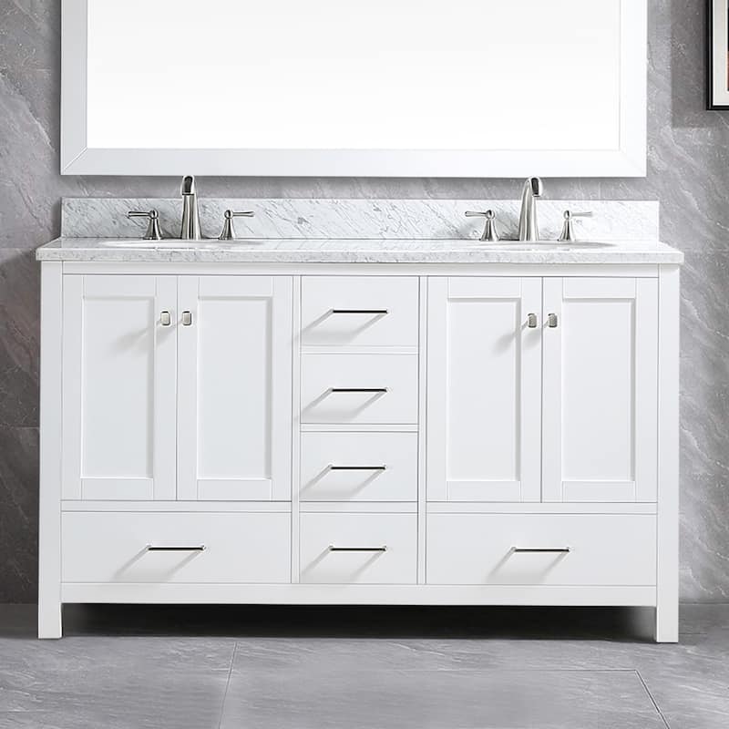 Prismatica 60 in. White Vanity with Countertop & Splash, Double Sinks