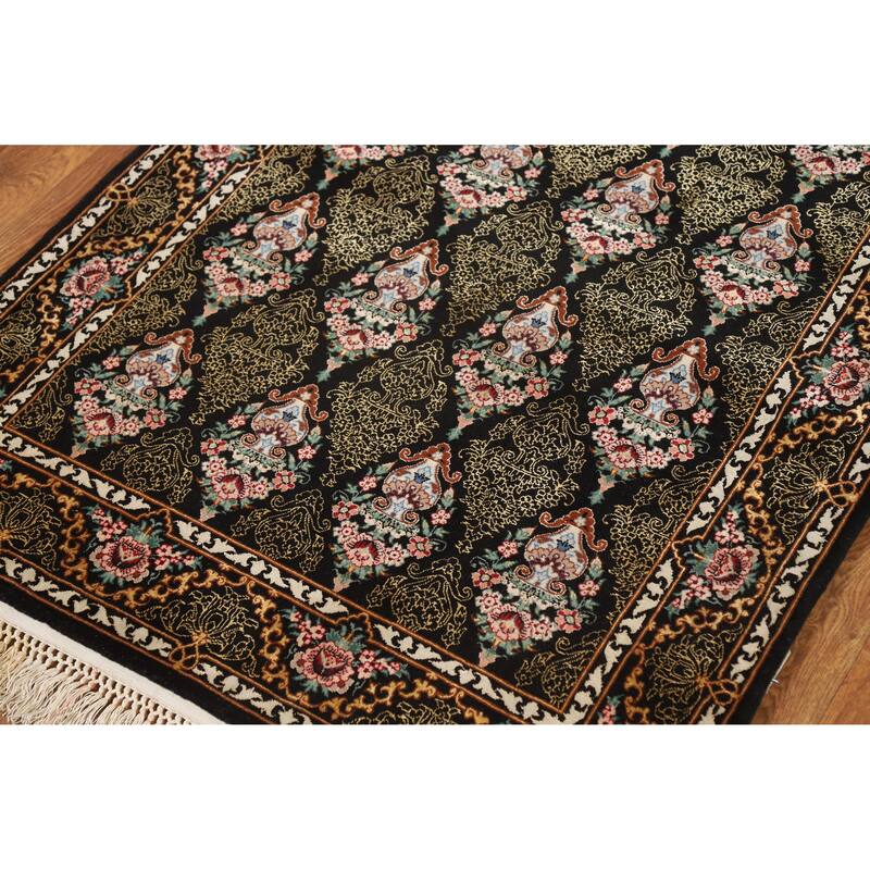 Hand Knotted Oriental 100% Wool Carpet Traditional Floral Black Isfahan Area Rug - 4' 4'' X 2' 9''