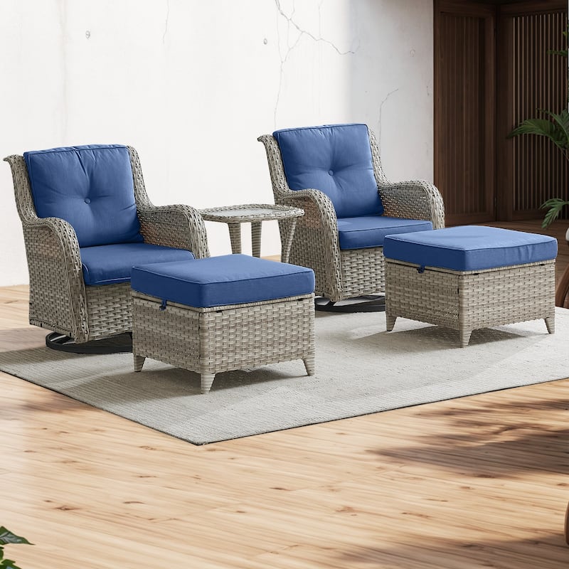 Pocassy 5-Piece Outdoor Furniture Set, Swivel chairs with Ottomans - Light Grey/Blue