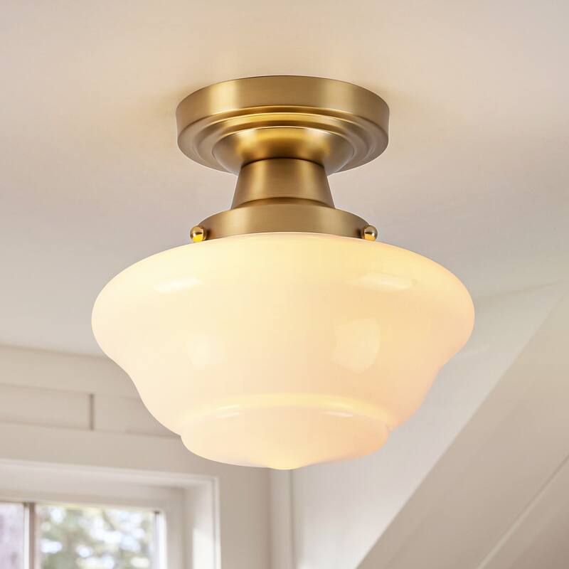 8.7" 1-Light Vintage Brass/Black Milk Glass Flush Mount Ceiling Light for Hallway - 1 Light - Gold