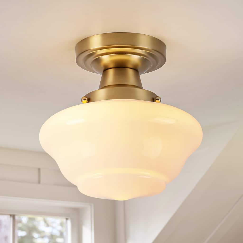 8.7" 1-Light Vintage Brass/Black Milk Glass Flush Mount Ceiling Light for Hallway