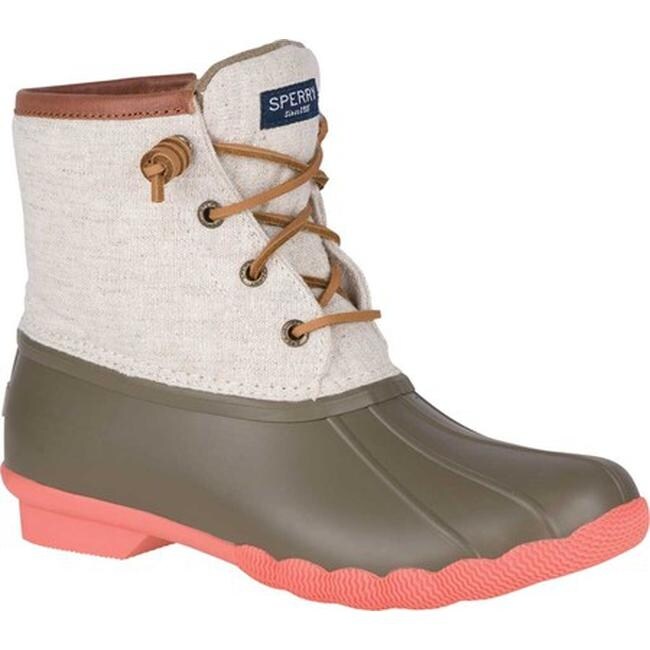 taupe and coral sperry duck boots