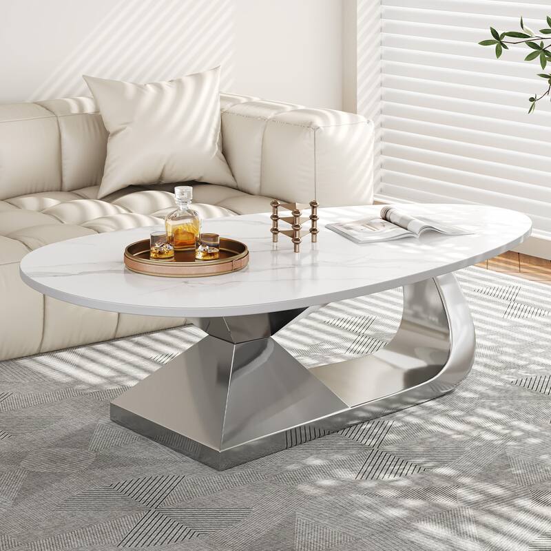 51 Inch Modern Sintered Stone Coffee Table with Stainless Steel Base - Silver