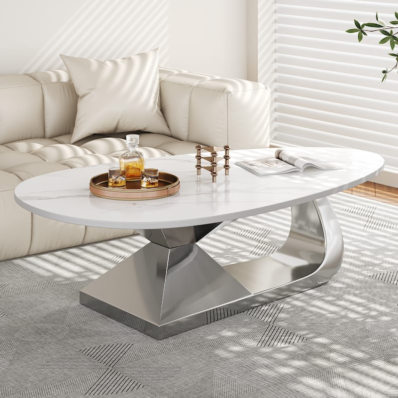 Modern Marble Coffee Table Accent Table with Stainless Steel Base, Scratch-Resistant End Table Dining Table