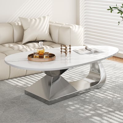 Modern Minimalist Coffee Table Living Room Centerpiece Table with Sintered Stone Tabletop Stainless Steel Base, for Living Room