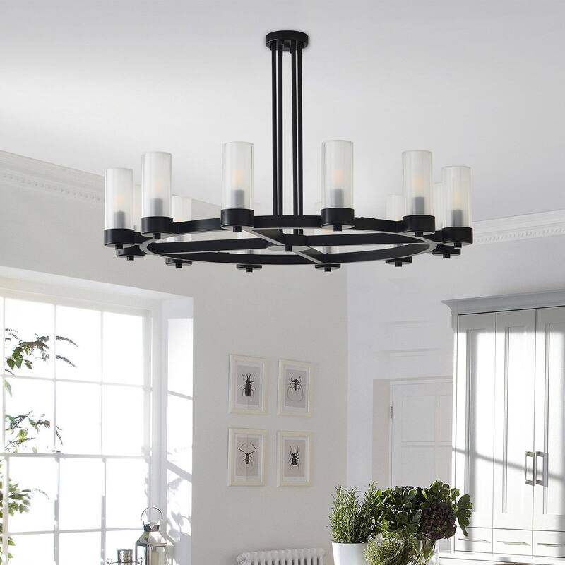 12 - Light Modern Round Chandelier with Frosted Glass Cylinder Shades