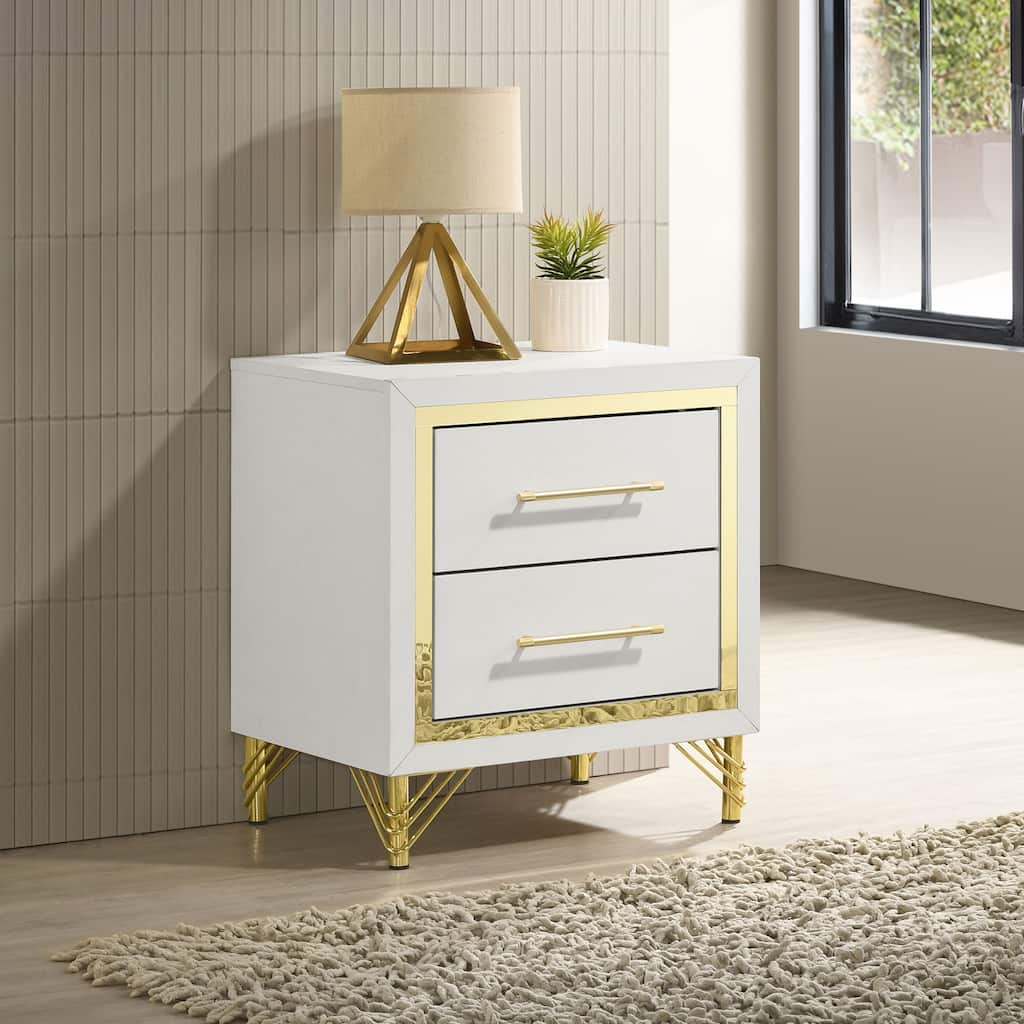 White 2-Drawer Nightstand with Gold Trim