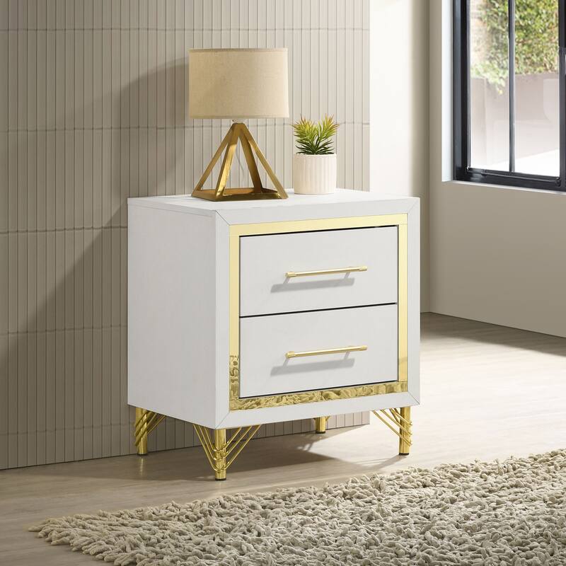 White 2-Drawer Nightstand with Gold Trim - White