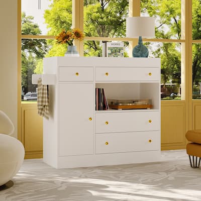 Bedroom Storage Cabinet,Sideboard Buffet Table,4 Drawers & Door for Organizing & Displaying,White
