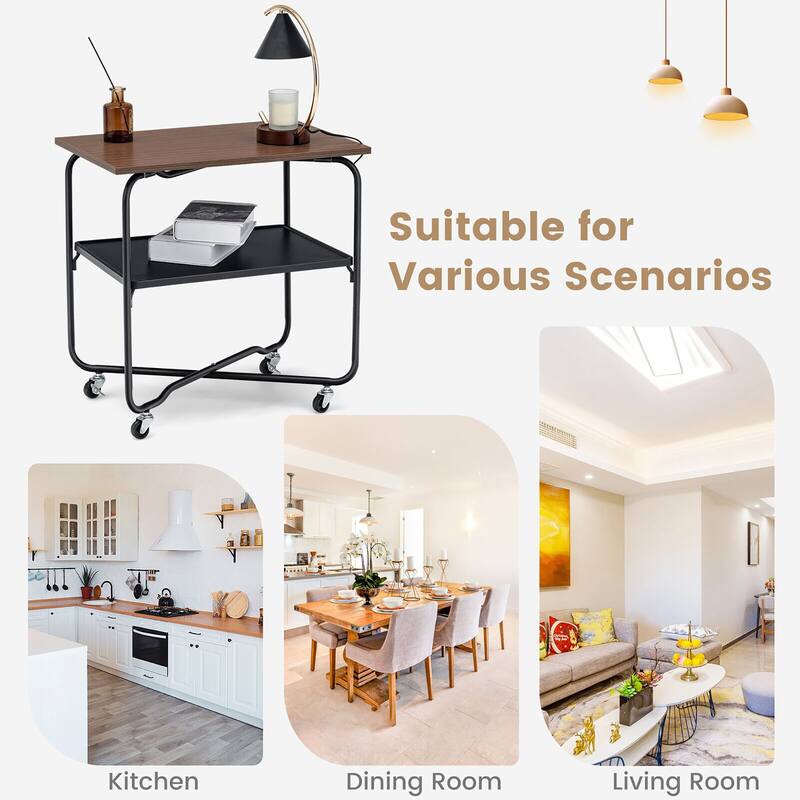 Gymax 2-Tier Folding Rolling Cart Kitchen Utility Cart Tool-Free