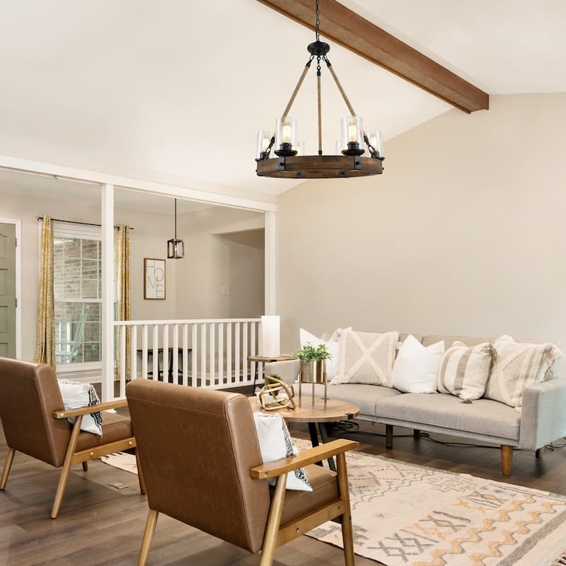Carbon Loft Farmhouse 6-Light Wagon Wheel Wood Chandelier for Dining Room