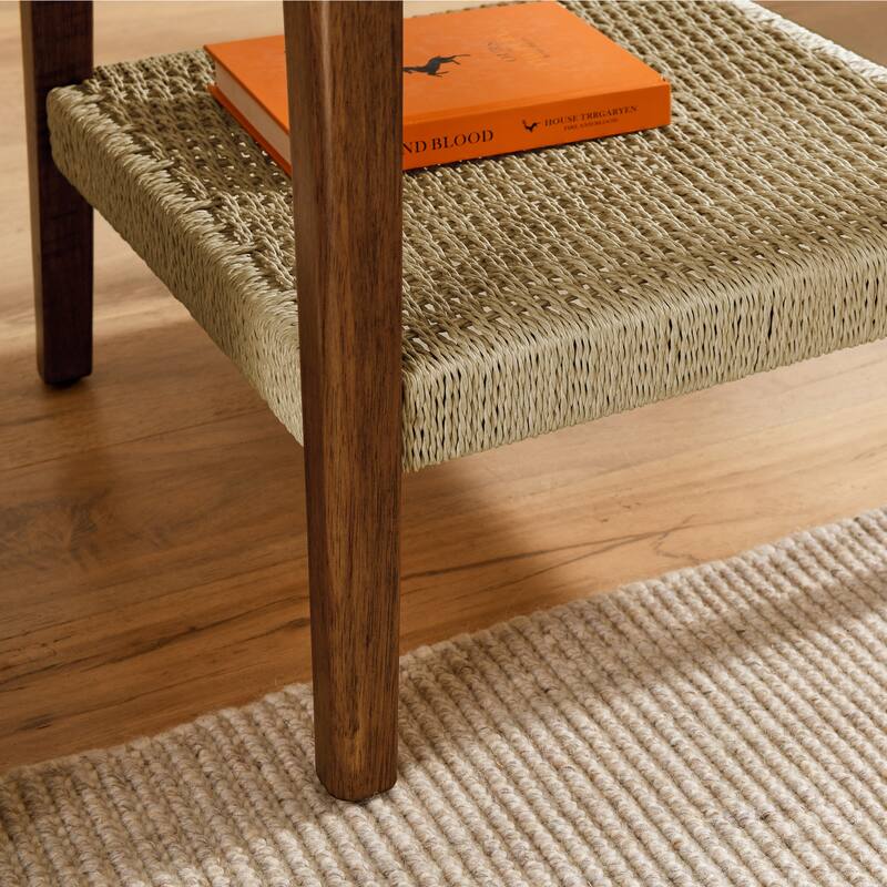 Roomfitters 23" Mid-Century Side Table, Dark Walnut Solid Wood Boho End Table, Woven Storage Shelf, Bedroom Living Room