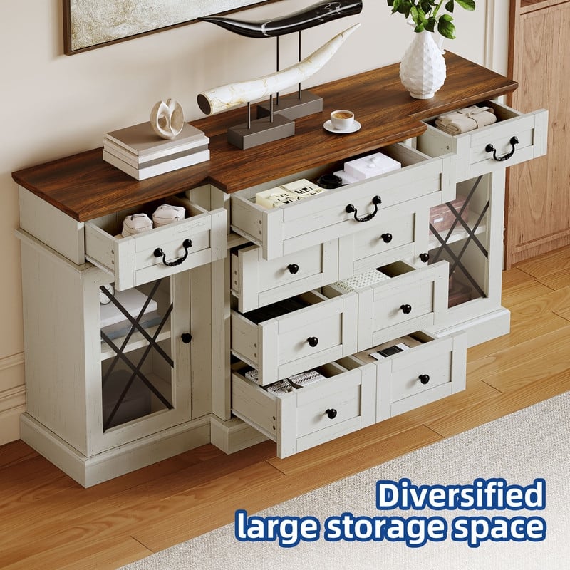 Moasis 59" Farmhouse Coffee Bar Cabinet Buffet Cabinet Sideboard Cabinet With 9 Drawers & Adjustable Shelving