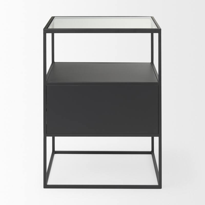 HomeRoots 21" Clear and Black Glass and Metal Square Frame End Table With Two Shelves - 15.75 in. x 21.26 in. x 15.75 in.