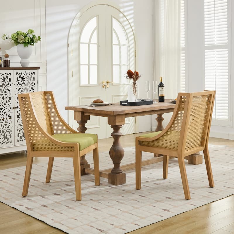Rattan Dining Chairs, Solid Wood Frame with Decorative Armrests, Linen Upholstered Seat, Wooden Style Side Chairs,Single Pack