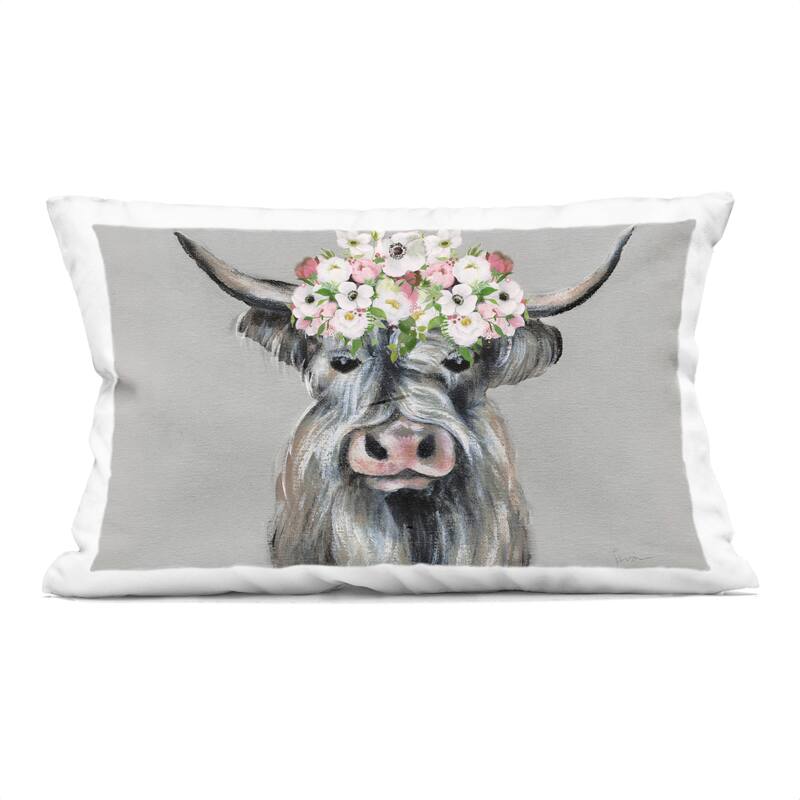 Stupell Shabby Chic Cattle with Garland Decorative Printed Throw Pillow Design by Tava Studios - Accent - Polyester - Grey - Single