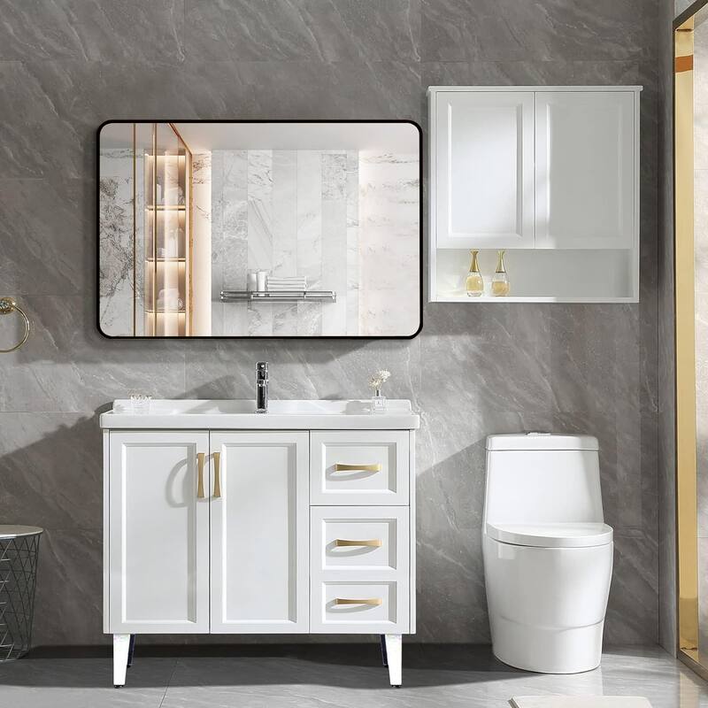 GDFStudio - Luxe Contemporary Oversized Rectangular Metal Bathroom Vanity Wall Mirror with Wide Reflective Surface - 30" x 40"