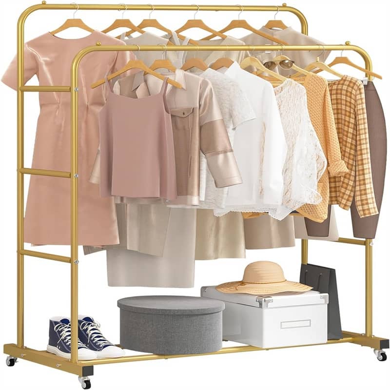 Double Rods Clothing Rack with Wheels - 17.32"D x 44.09"W x 52.36"H