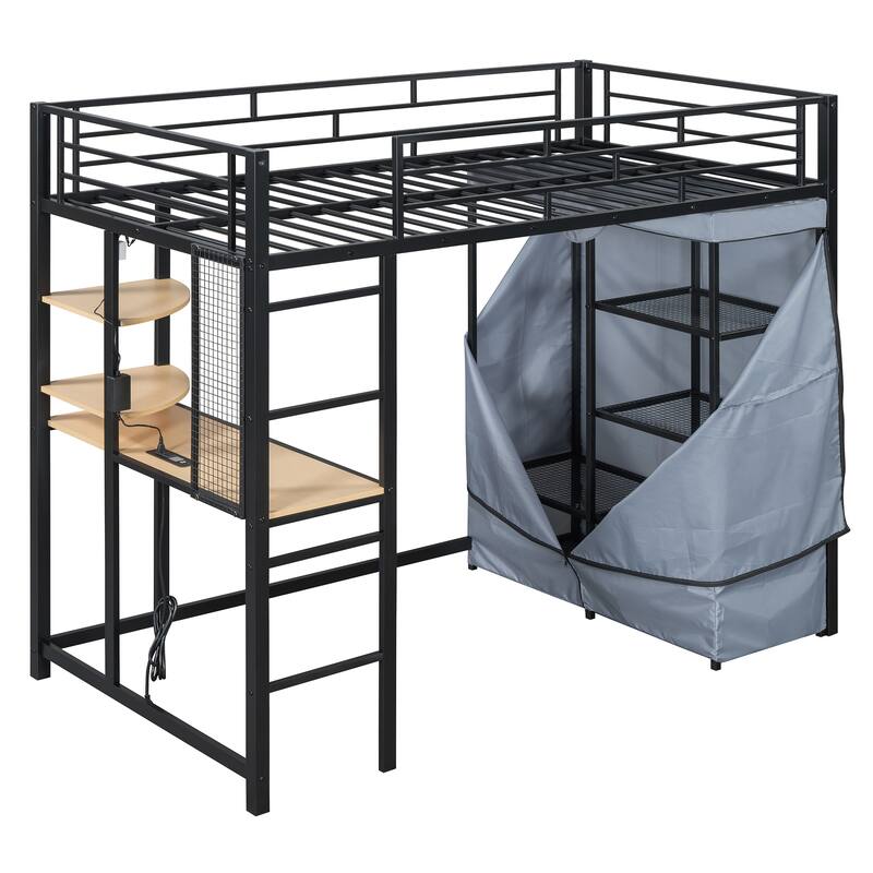 Full Size Metal Loft Bed with Workstation Desk, Built-In Shelves, LED Light Strip, Power Outlet & Hanging Wardrobe Storage