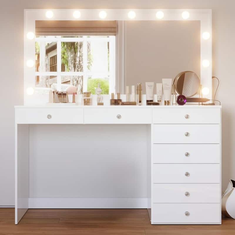 Boahaus Makeup Vanity Desk Glass Top 8 Drawers Crystal Knobs Lighted Mirror