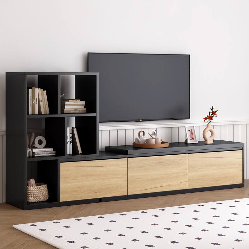 Extendable TV Stand with 3 Tier Bookshelves and Sliding Tabletop