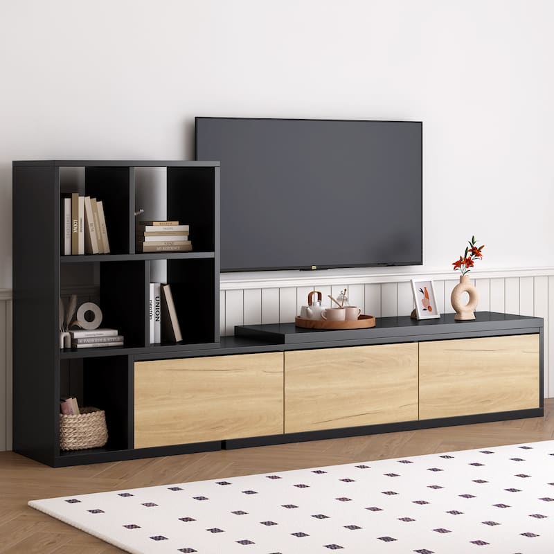 Modern Extended TV Stand with 3-Tier Bookshelves, Storage Cabinets and Sliding Tabletop, for Living Room, Black