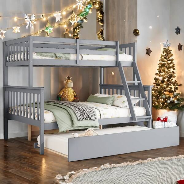 slide 2 of 36, Detachable Rubber Wood Twin Over Full Bunk Bed with Trundle,Kids Bed Design Grey