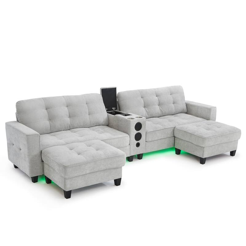126" U-Shaped Sectional Sofa with Storage Ottomans & Bluetooth Speakers - Modular Couch with LED Lights, Console