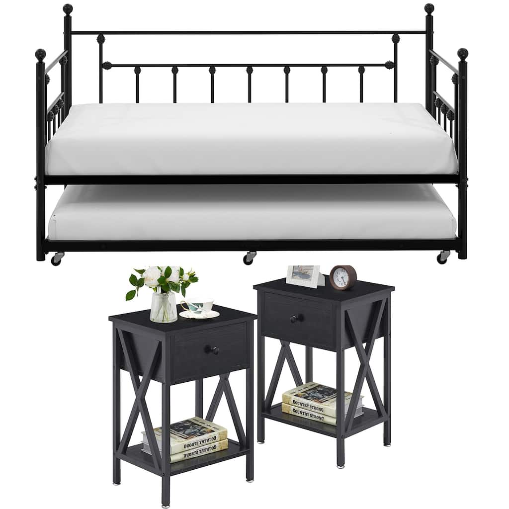 VECELO 4-Pieces Modern Bedroom Set Daybed with Trundle and Nightstands Set of 2