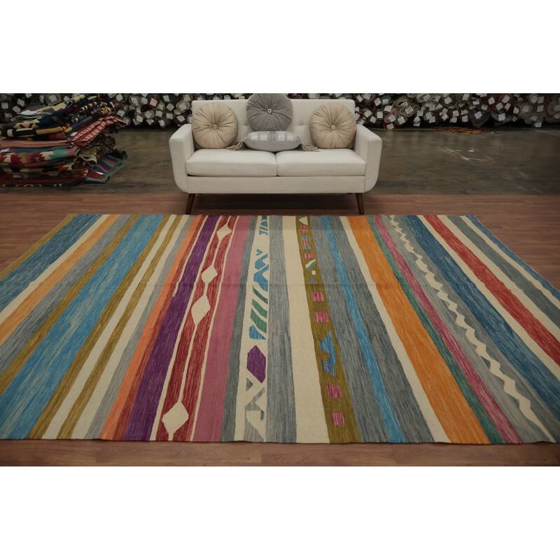 Hand Woven Oriental 100% Wool Carpet Southwestern Modern Multi-Colored Kilim Area Rug - 10' 9'' X 8' 0''