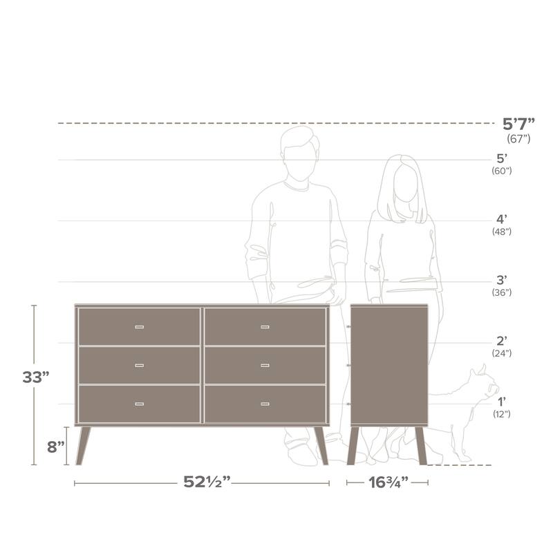 Prepac Milo Mid-Century Modern 6 Drawer Double Dresser for Bedroom, Chest of Drawers, Contemporary Bedroom Furniture