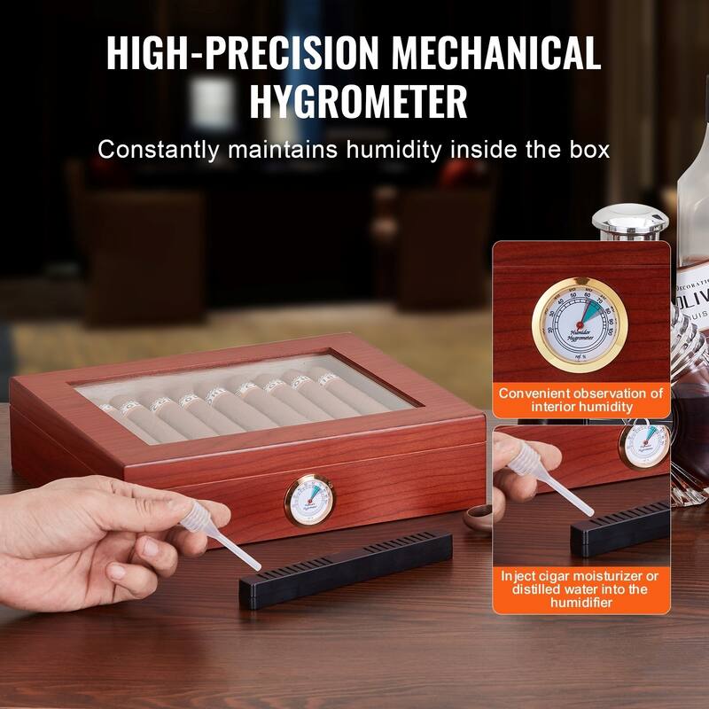 Cigar Humidor, Glass Top Cigar Humidor Box, Handmade Spanish Cedar Wood Cigar Desktop Box, Cigar Storage Case with Humidifier