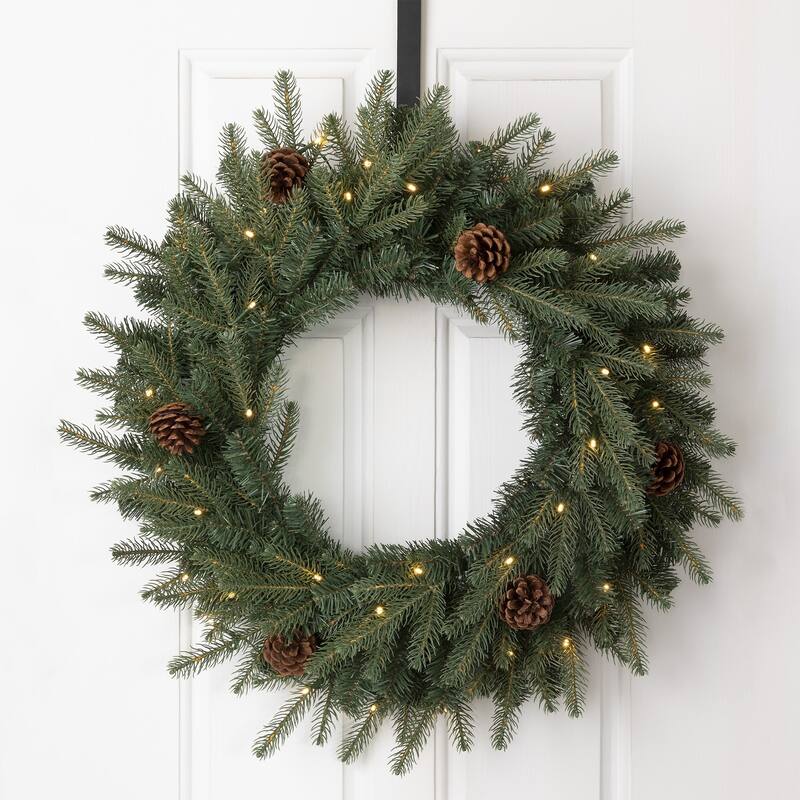 Glitzhome Pre-Lit Greenery Pine Cone Christmas Wreath with Warm White LED Light