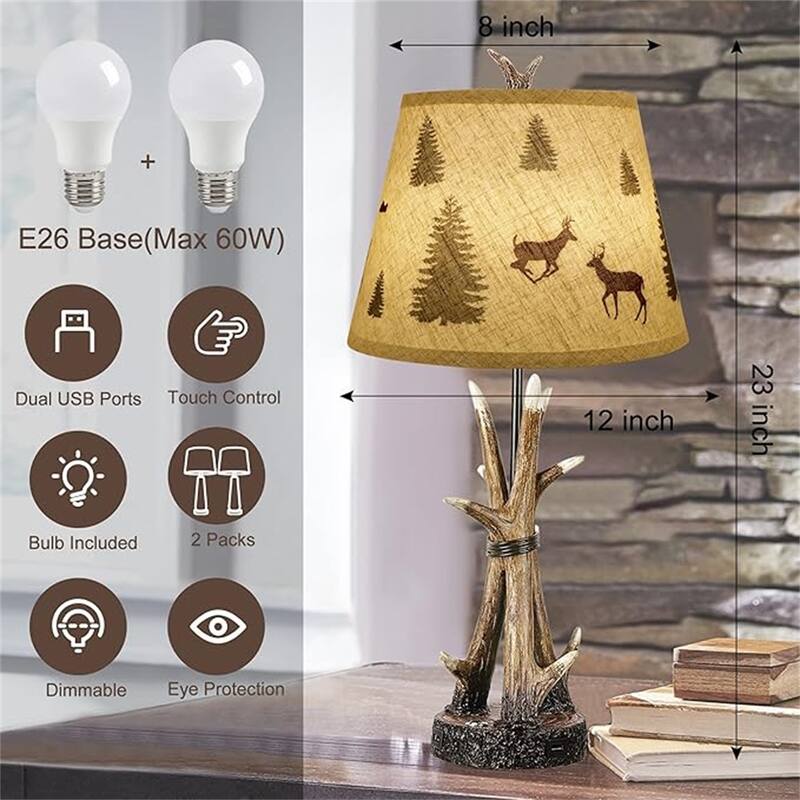 2 PCS 3-Way Dimmable Touch Rustic Bedside Lamp with 2 USB Ports, 2 Bulbs Included