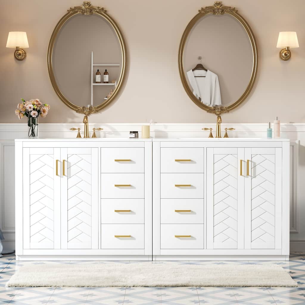 Roomfitters 72 Inch Bathroom Vanity with Ceramic Sink, Solid Wood Frame Cabinet with Sliding Tiers & Soft Close Doors, White