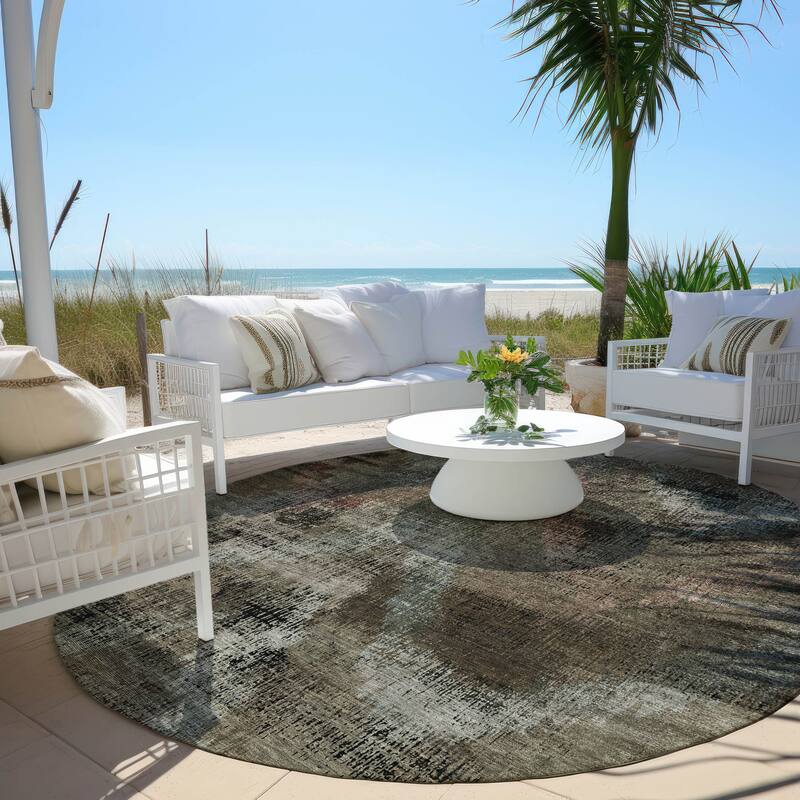 Machine Washable Indoor/ Outdoor Chantille Distressed Chevron Rug - Brown - 8' x 8'