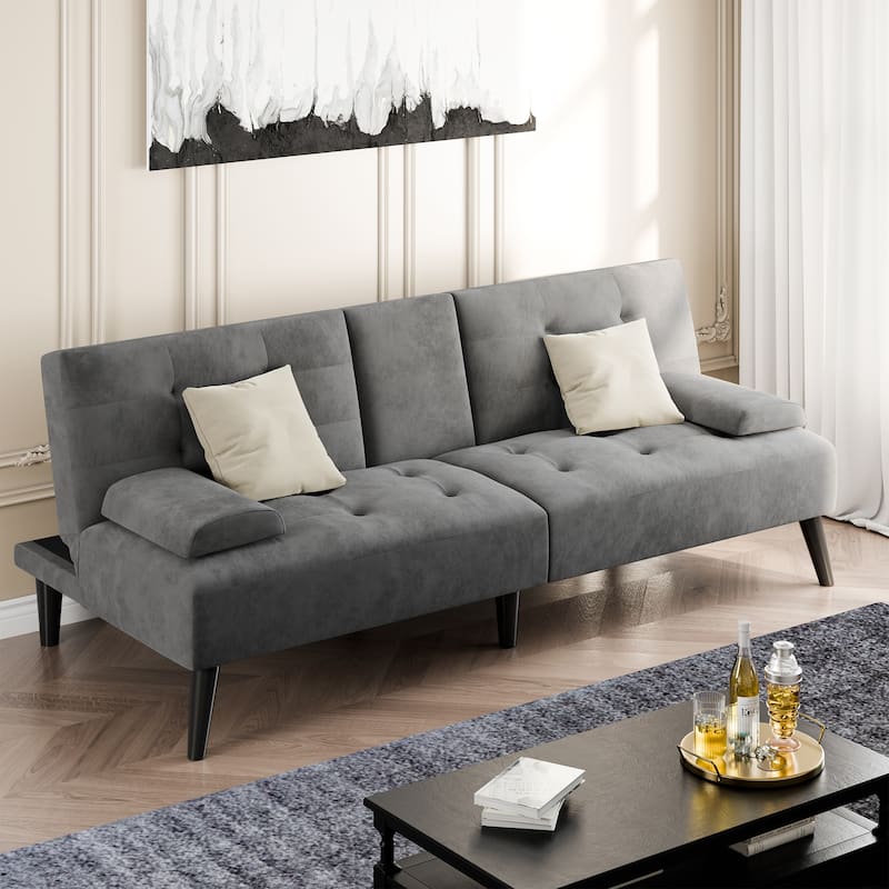 3-in-1 Convertible Sofa Bed with Folding Cup Holders & Adjustable Backrest – Modern Futon with Removable Armrests - Deep Grey