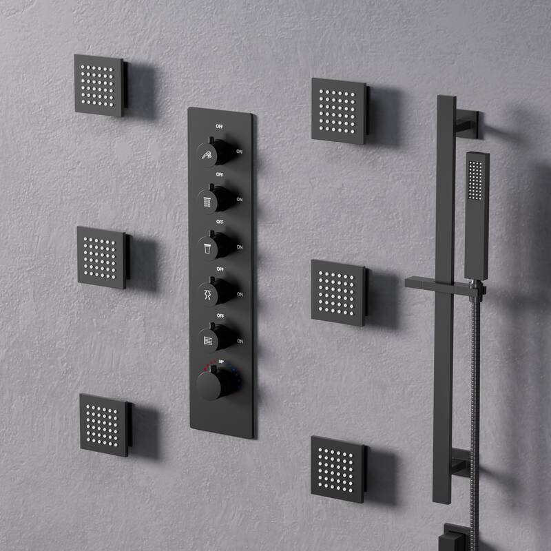 GRANDJOY LUXURY Shower Faucet Set 28"*16" Ceiling Mount Shower Head Body Jets Handheld Spray with Slide Bar LED Music